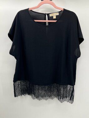 MICHAEL Michael Kors Black Georgette Blouse with Sheer Lace Hem – Size XL
